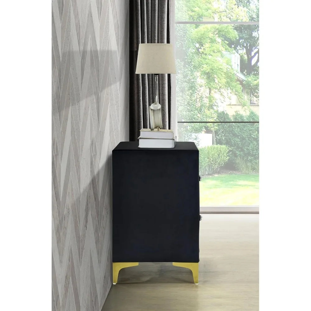Monique Velvet Black Nightstand with Gold Legs, Trim, and Crystal Knobs - Fully Assembled