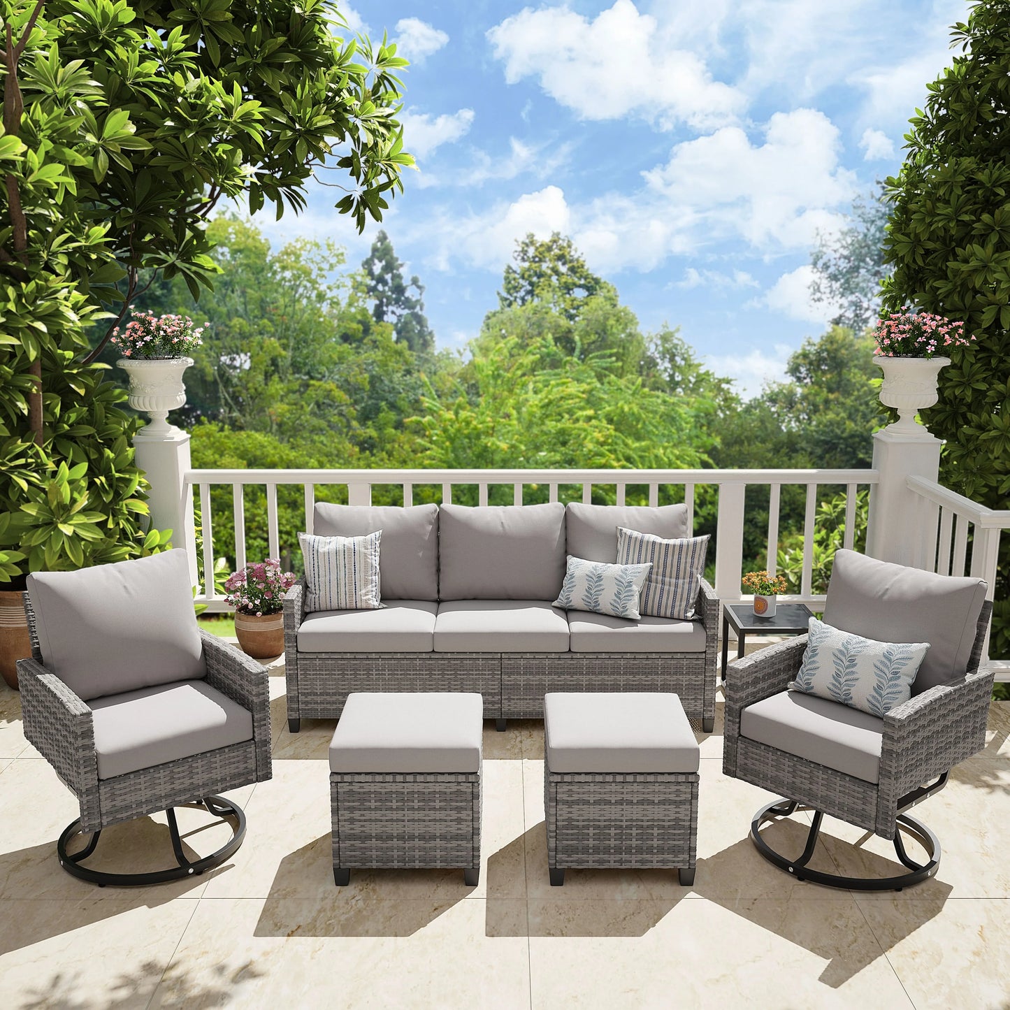 6 Pcs Wicker Patio Furniture Set, Outdoor Swivel Chairs, 3-Seat Sofa, Ottoman & Tempered Glass Side Table, All-Weather Conversat