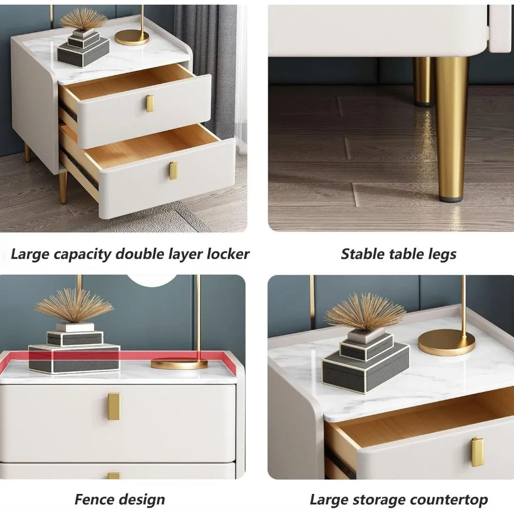Mid Century Bedside Table With Stone Top And Metal Handles