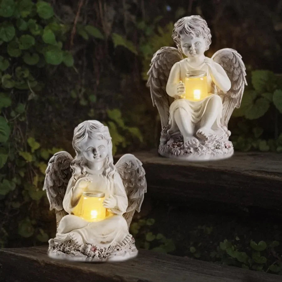 2 Pack Outdoor Angel Statue Garden Decor Classic Solar Angel Figurine Decoration for Yard Art Indoor Porch Home Lawn Outside Li