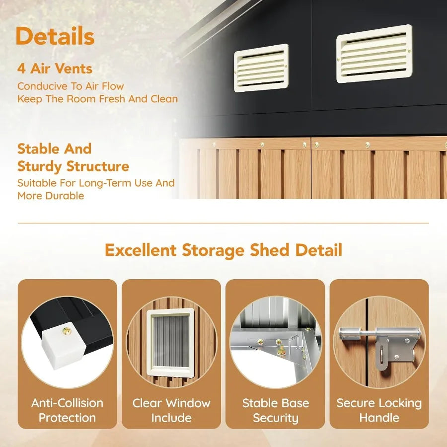 8X6 FT Garden Storage Shed with Lockable Door and 1 Clear Window for Backyard Patio Lawn Durable AntiCorrosion Metal Shed with