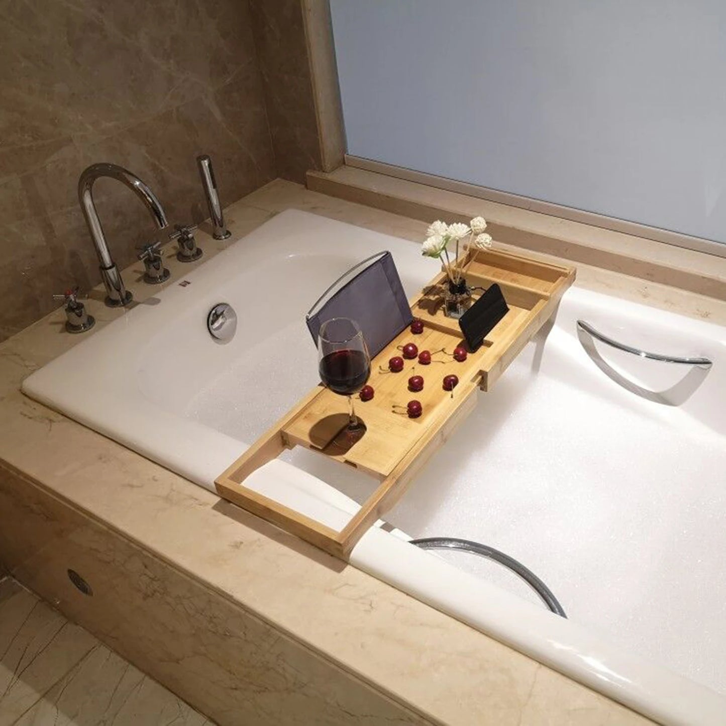 Bamboo Bathtub Tray Caddy Over Tub Shelf Organizer