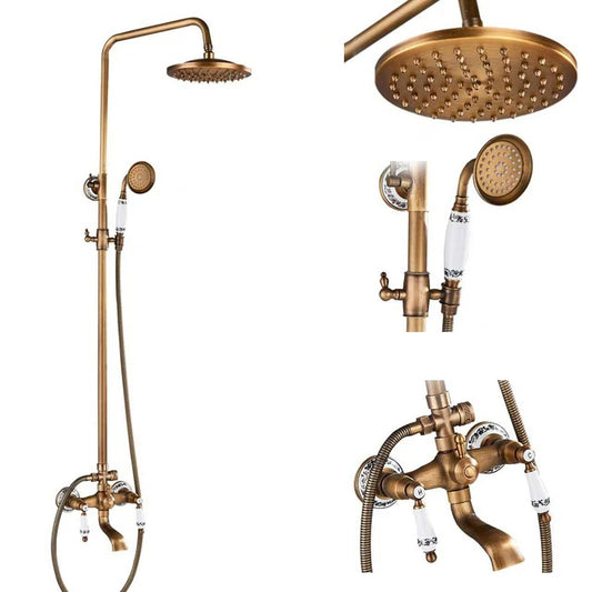 Antique Brass Bathroom Bath Shower Faucet Rainfall 8‘’ Round Swivel Top Spray Hot Cold Water Mixer Tap Sliding Bar Shower System
