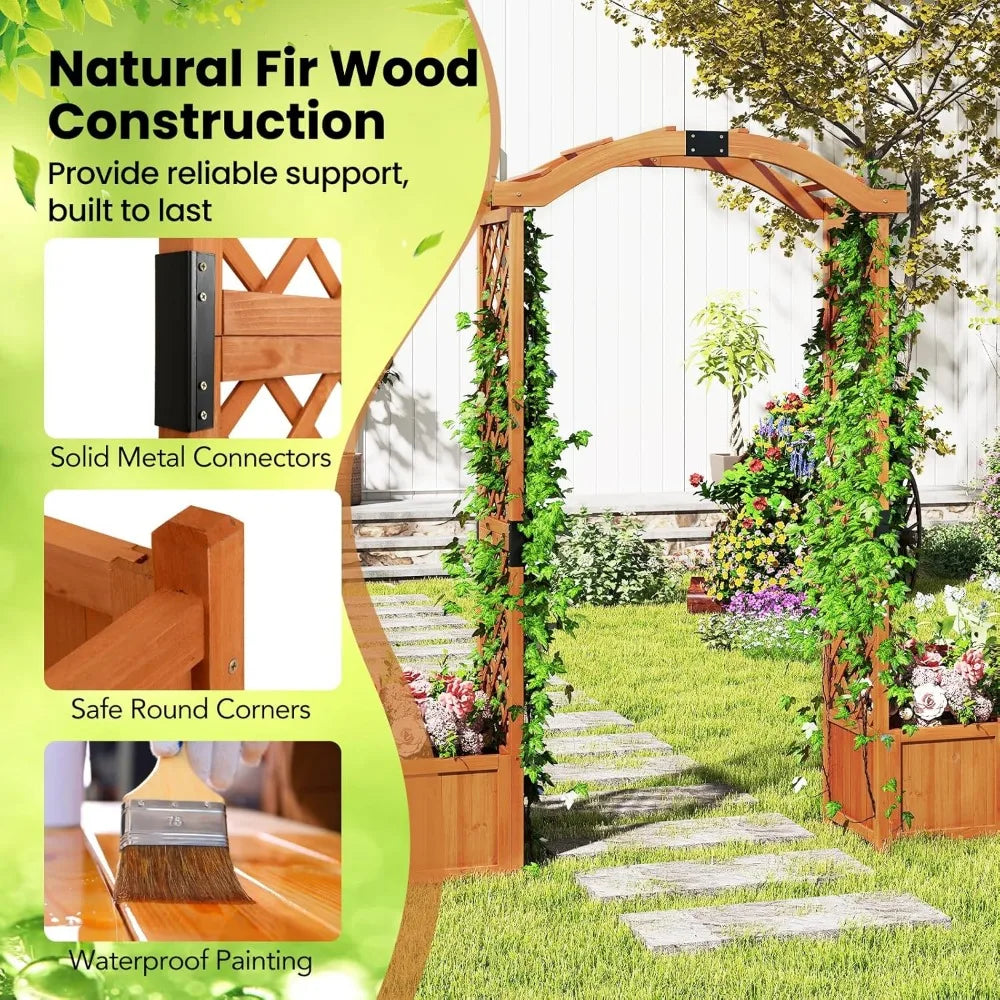 Happygrill Garden Arbor with Planter Boxes, Outdoor Wedding Arch with Trellis for Climbing Plants Vine Vegetables Herbs, Wooden