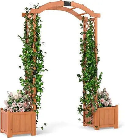 Happygrill Garden Arbor with Planter Boxes, Outdoor Wedding Arch with Trellis for Climbing Plants Vine Vegetables Herbs, Wooden