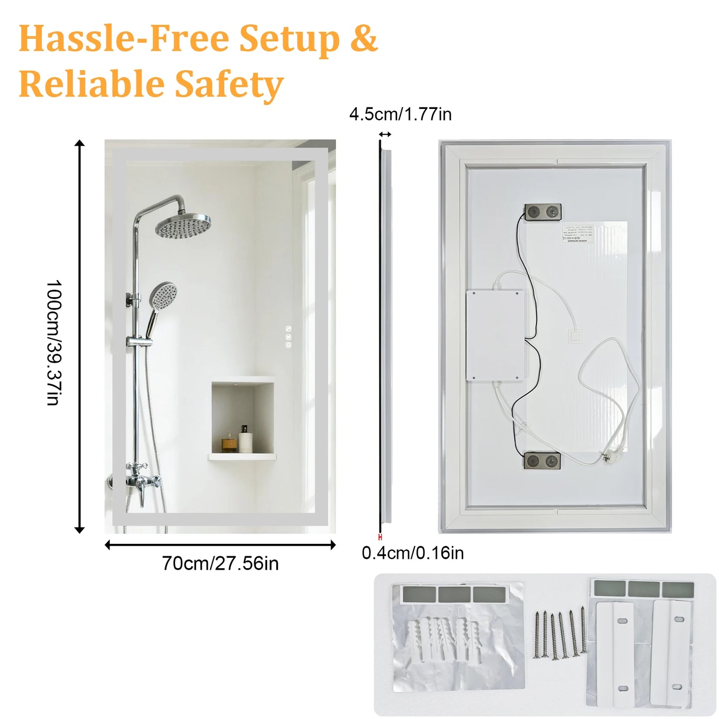 LED Bathroom Mirror Tempered Glass Mirror with Bluetooth, 3 Colors Dimmable, Lights Memory, Upgraded Backplane 70/80/100/120cm