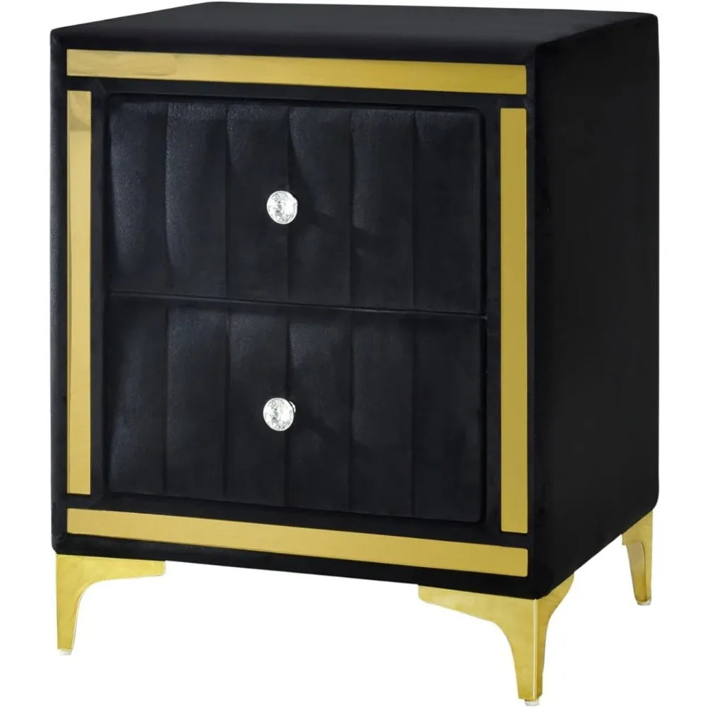 Monique Velvet Black Nightstand with Gold Legs, Trim, and Crystal Knobs - Fully Assembled