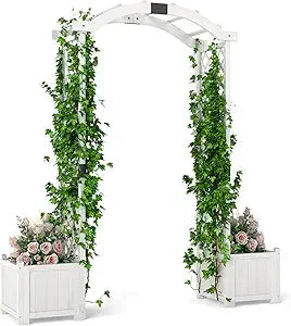 Happygrill Garden Arbor with Planter Boxes, Outdoor Wedding Arch with Trellis for Climbing Plants Vine Vegetables Herbs, Wooden
