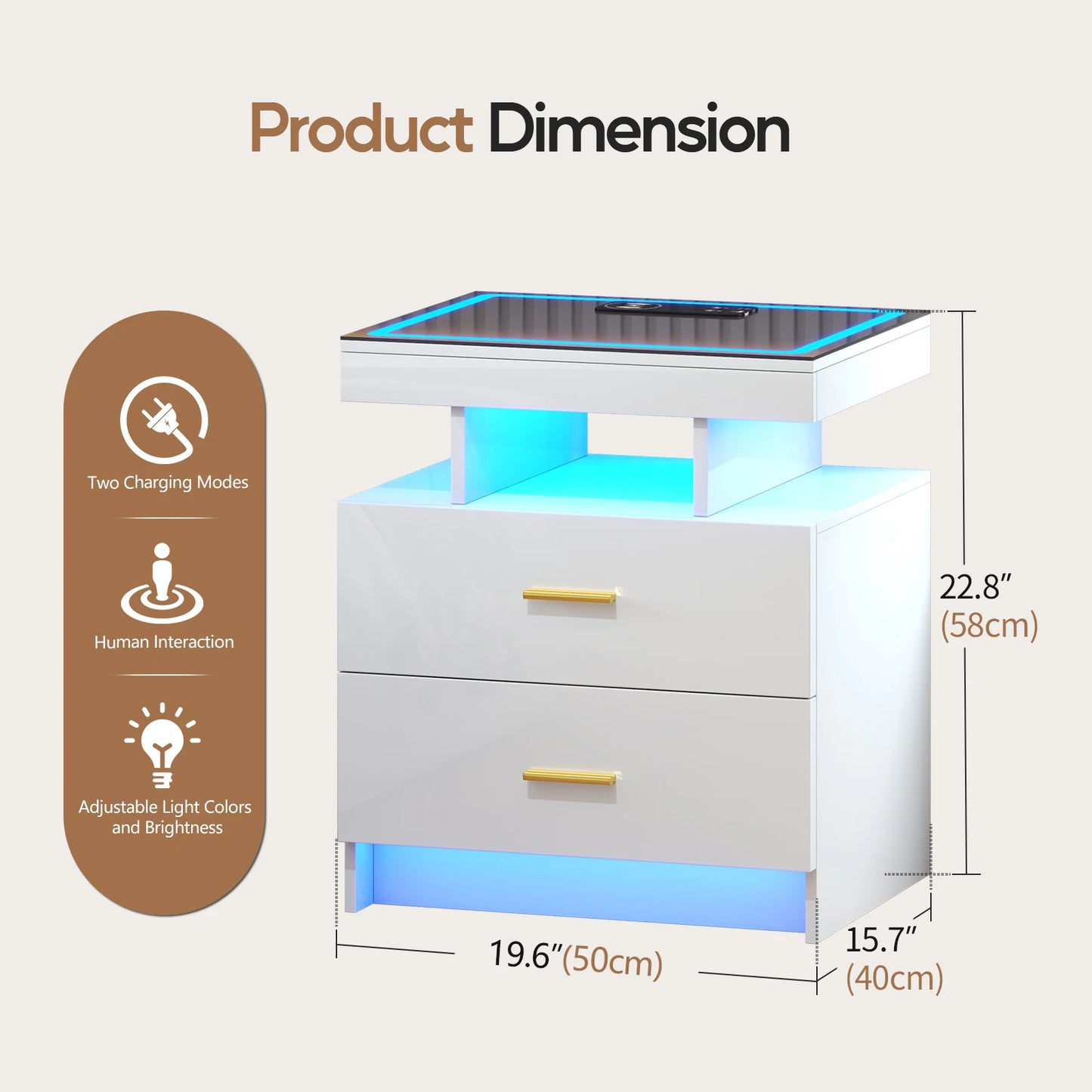JDPAG LED Nightstand With Wireless Charging And Two Drawers