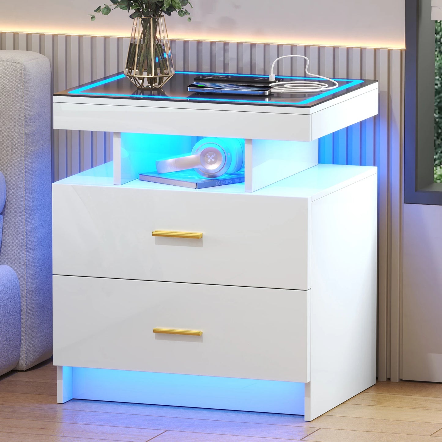 JDPAG LED Nightstand With Wireless Charging And Two Drawers