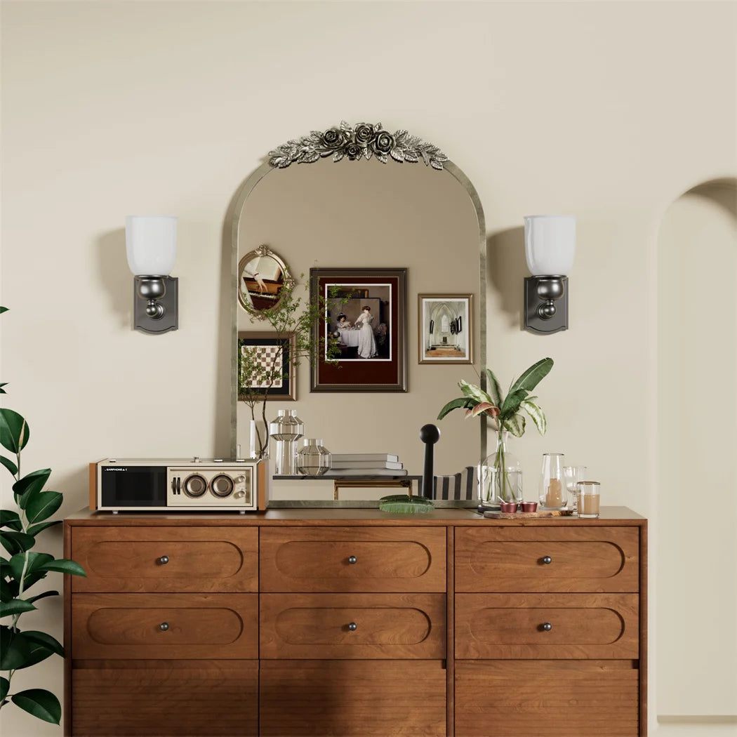 LUVODI Arched Antique Brass Wall Mirror With Resin Rose Pattern