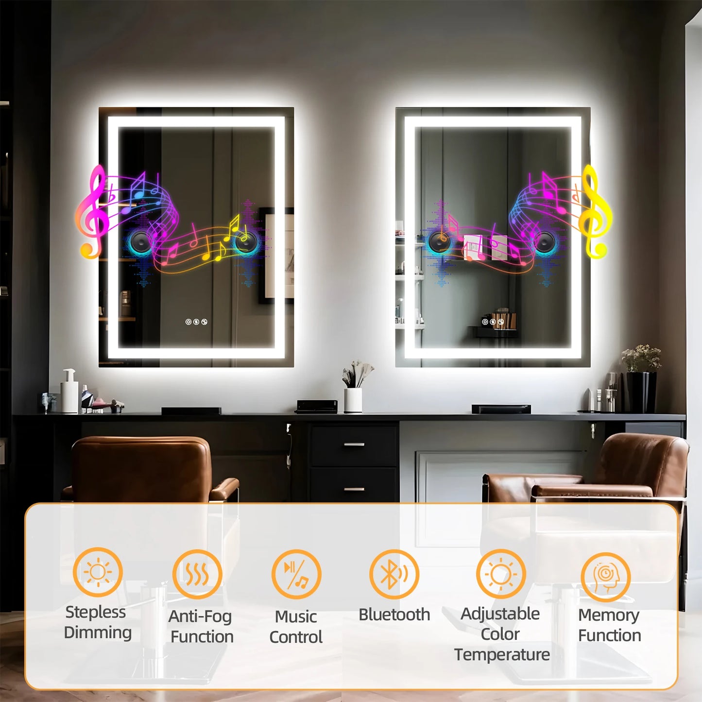 LED Bathroom Mirror Tempered Glass Mirror with Bluetooth, 3 Colors Dimmable, Lights Memory, Upgraded Backplane 70/80/100/120cm