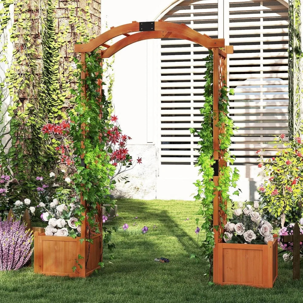 Happygrill Garden Arbor with Planter Boxes, Outdoor Wedding Arch with Trellis for Climbing Plants Vine Vegetables Herbs, Wooden
