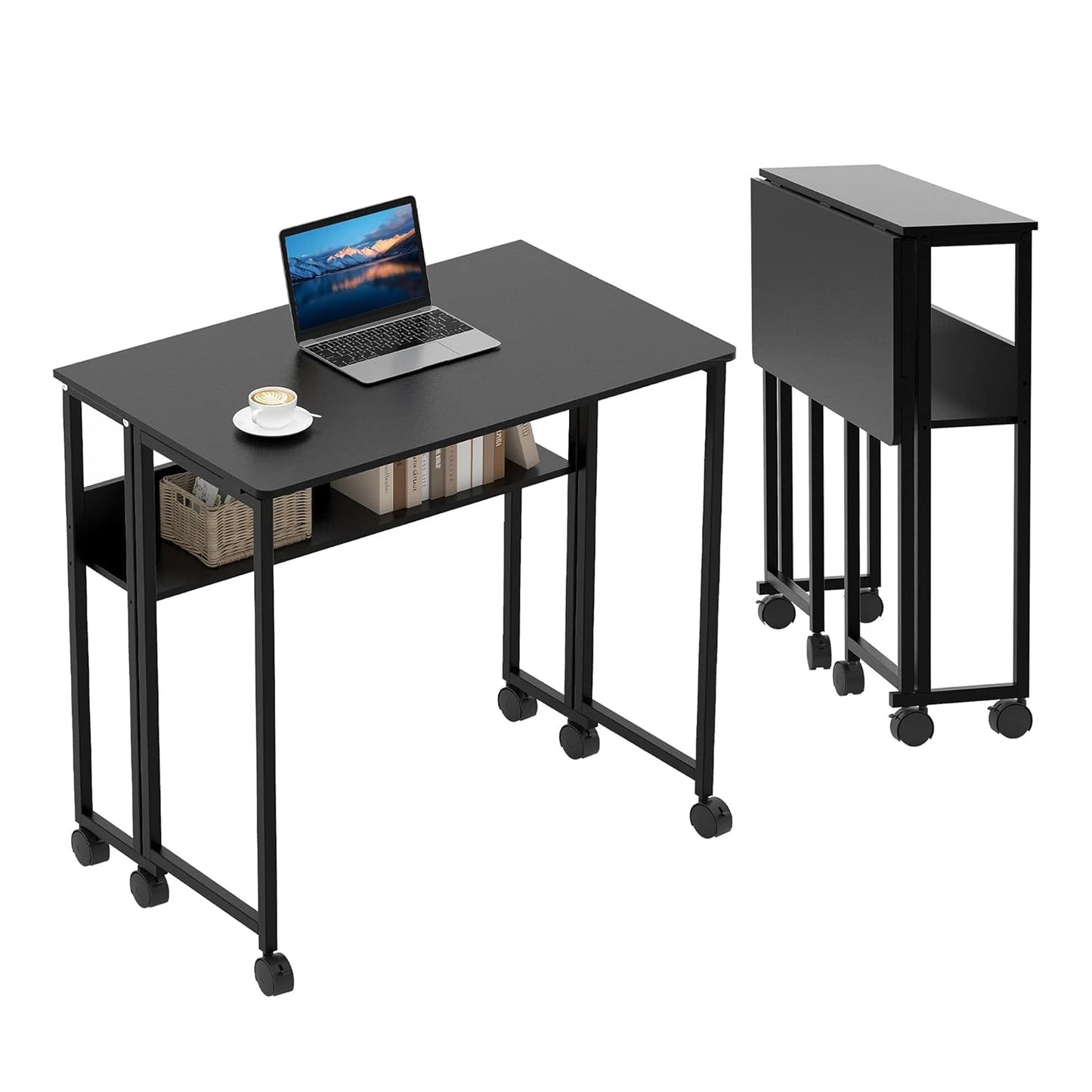 TWISTER.CK Folding Laptop Desk With Storage Shelf On Wheels