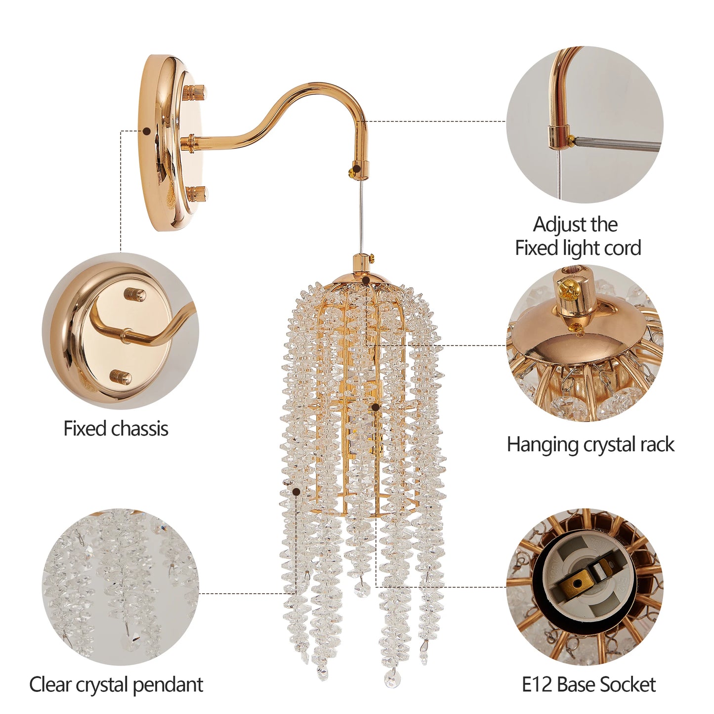 ARLGSITE Set Of 2 Crystal Bead String Wall Sconces E12 Bulb Socket