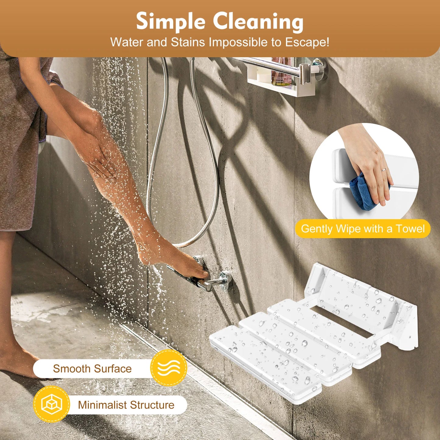 Folding Shower Seat Wall Mounted Ergonomic Fold Down Bench