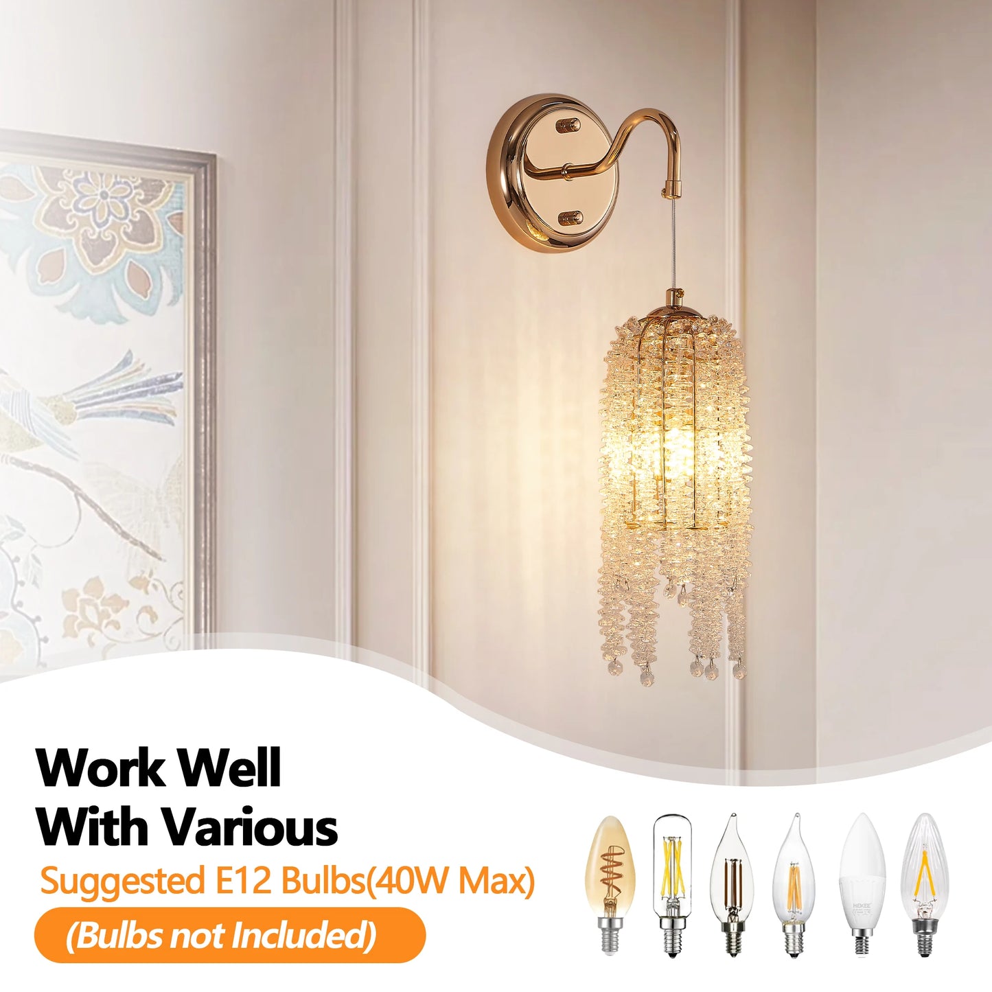 ARLGSITE Set Of 2 Crystal Bead String Wall Sconces E12 Bulb Socket