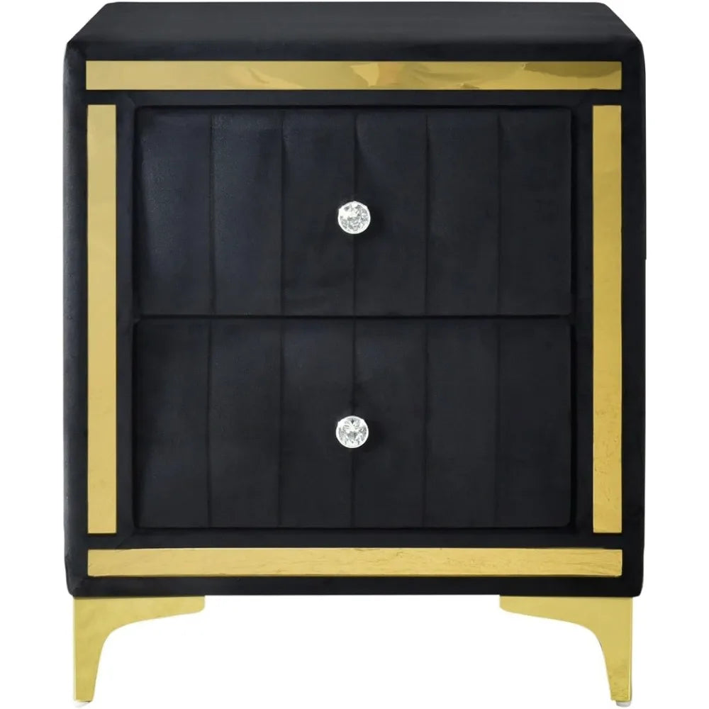 Monique Velvet Black Nightstand with Gold Legs, Trim, and Crystal Knobs - Fully Assembled