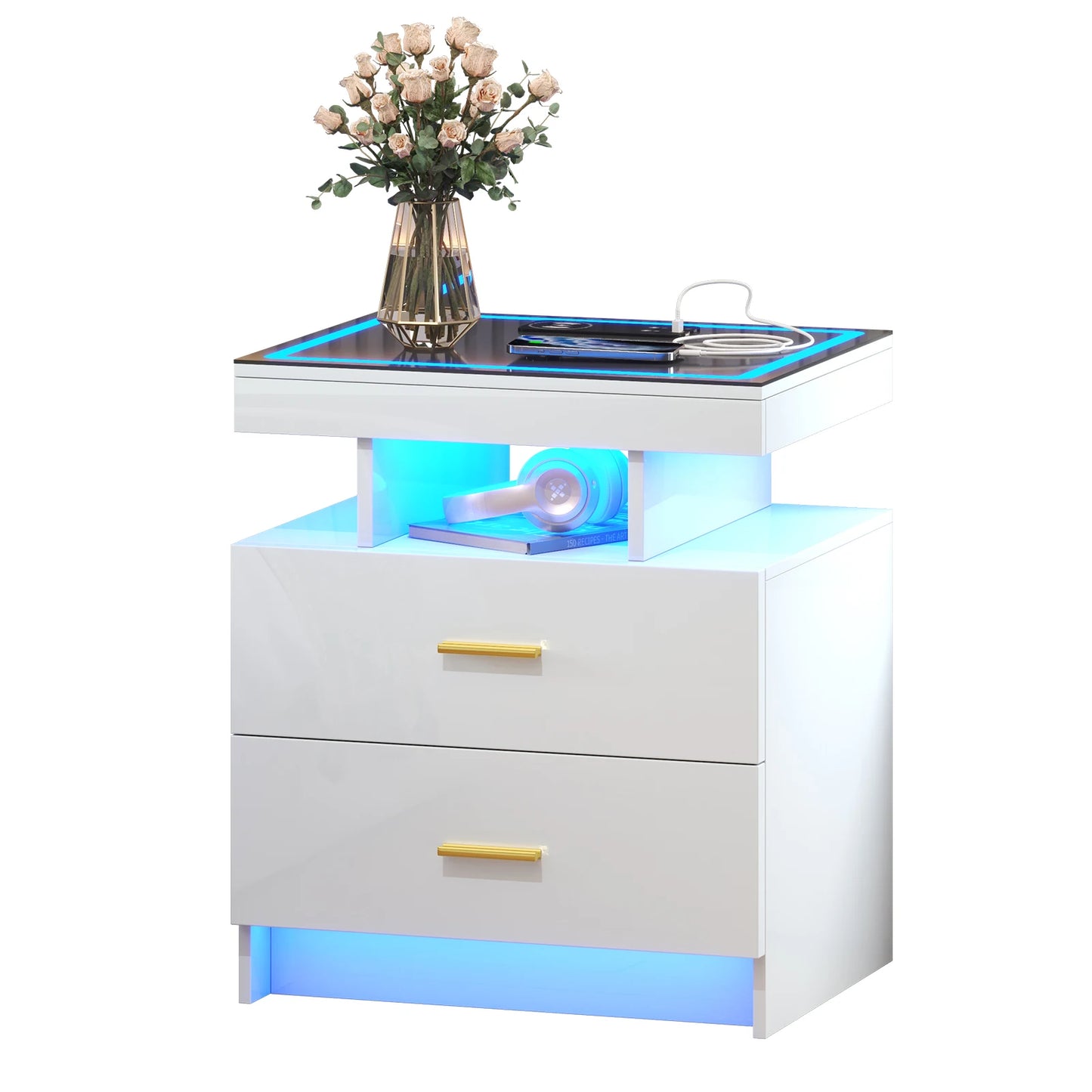 JDPAG LED Nightstand With Wireless Charging And Two Drawers