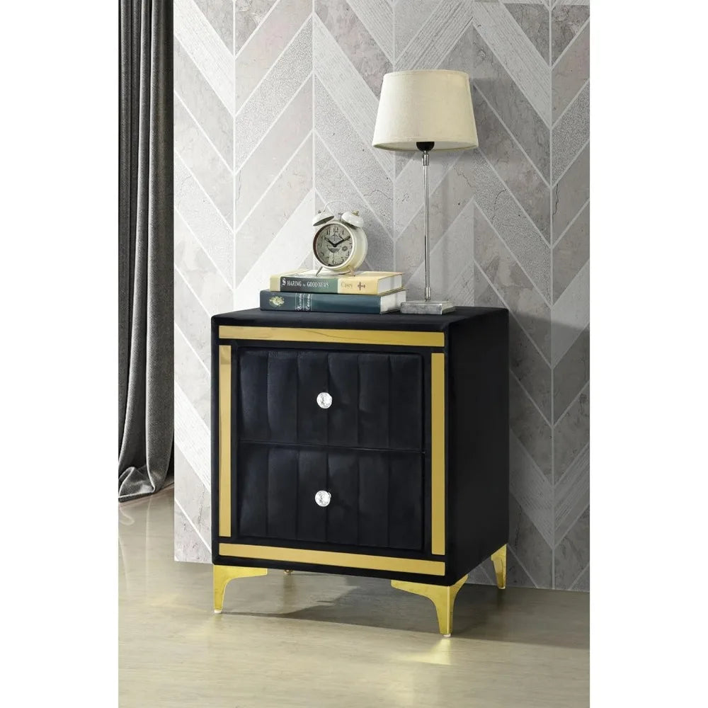 Monique Velvet Black Nightstand with Gold Legs, Trim, and Crystal Knobs - Fully Assembled
