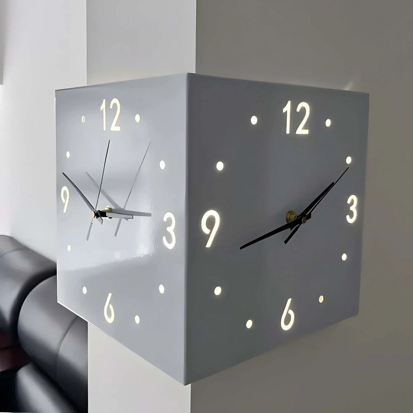 Double Sided Luminous Corner Wall Clock Mute Quartz
