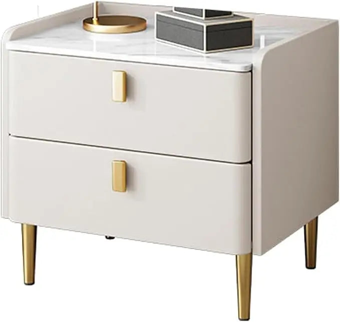 Mid Century Bedside Table With Stone Top And Metal Handles