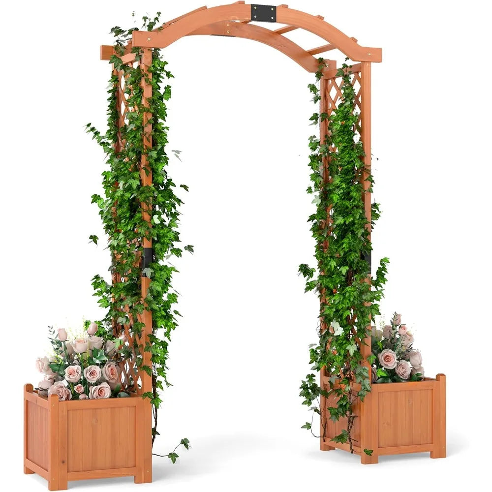 Happygrill Garden Arbor with Planter Boxes, Outdoor Wedding Arch with Trellis for Climbing Plants Vine Vegetables Herbs, Wooden