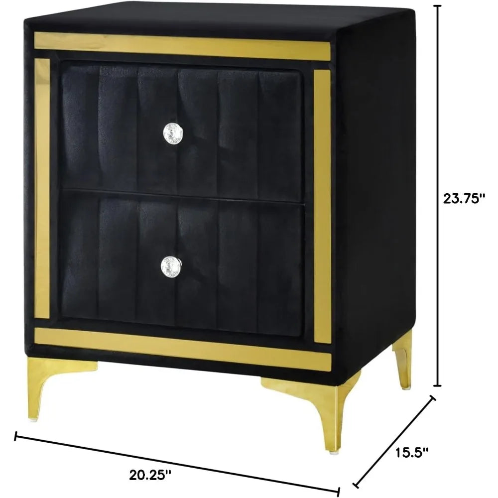 Monique Velvet Black Nightstand with Gold Legs, Trim, and Crystal Knobs - Fully Assembled