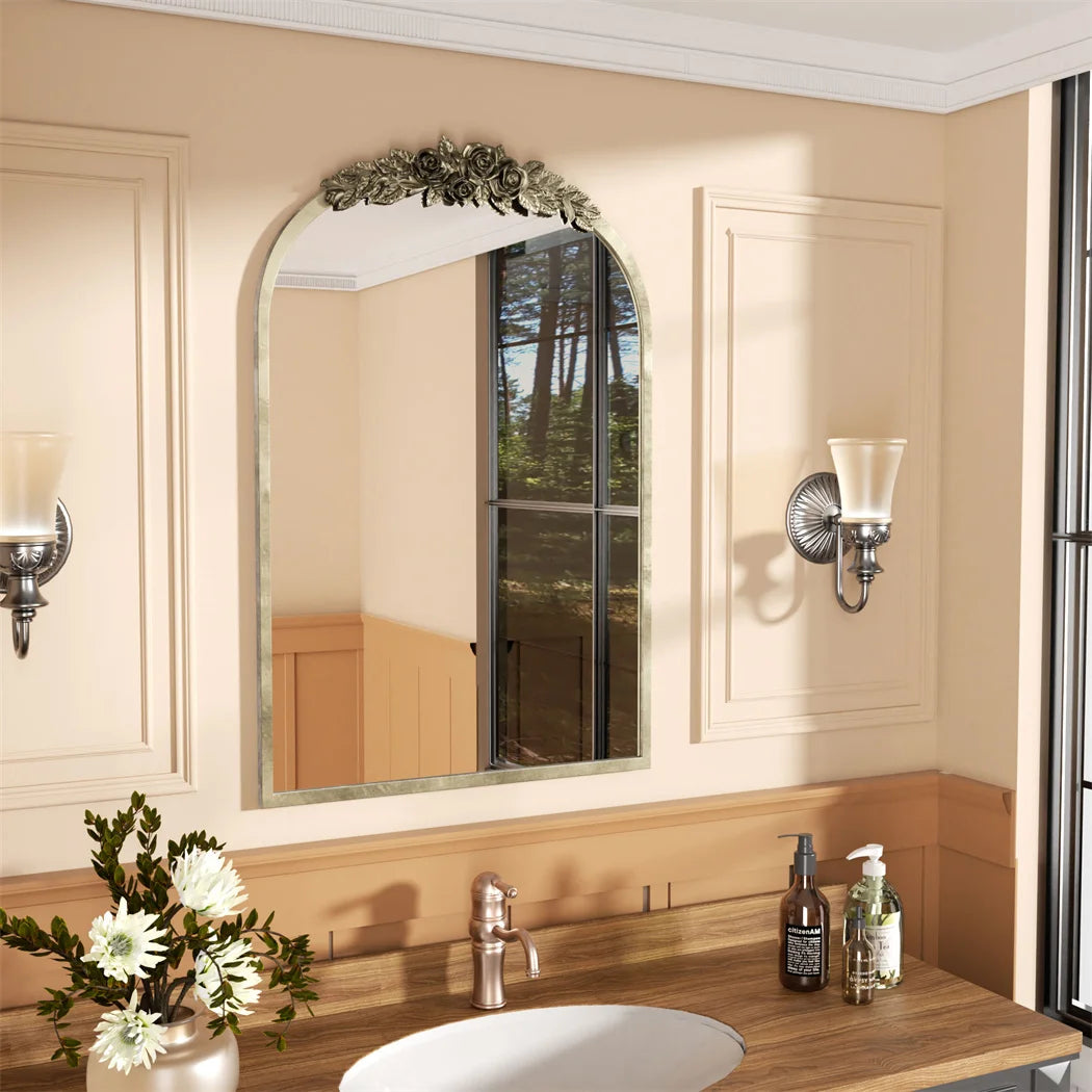 LUVODI Arched Antique Brass Wall Mirror With Resin Rose