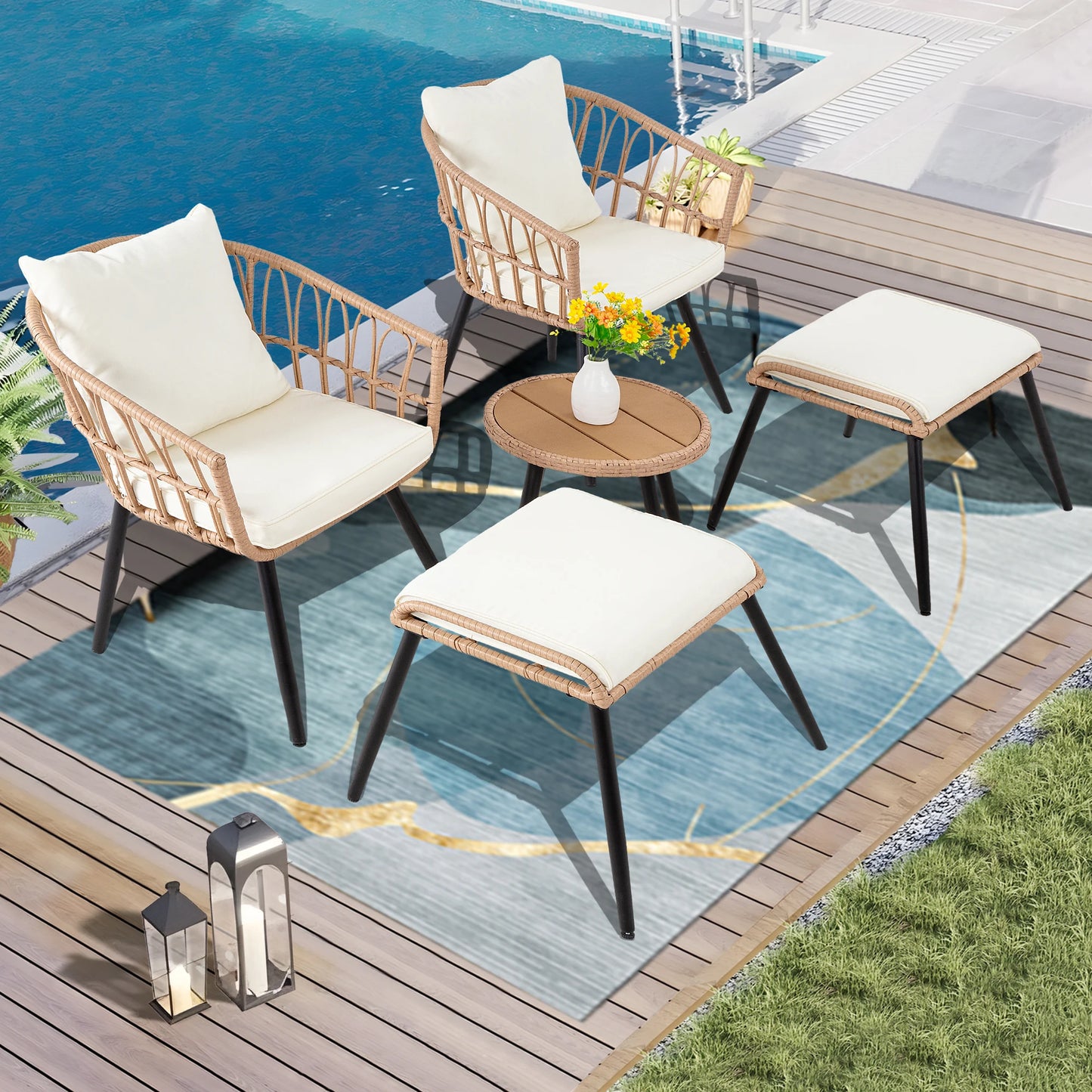 SEOGWISAM 5 Piece Outdoor Patio Bistro Set With Wicker Chairs