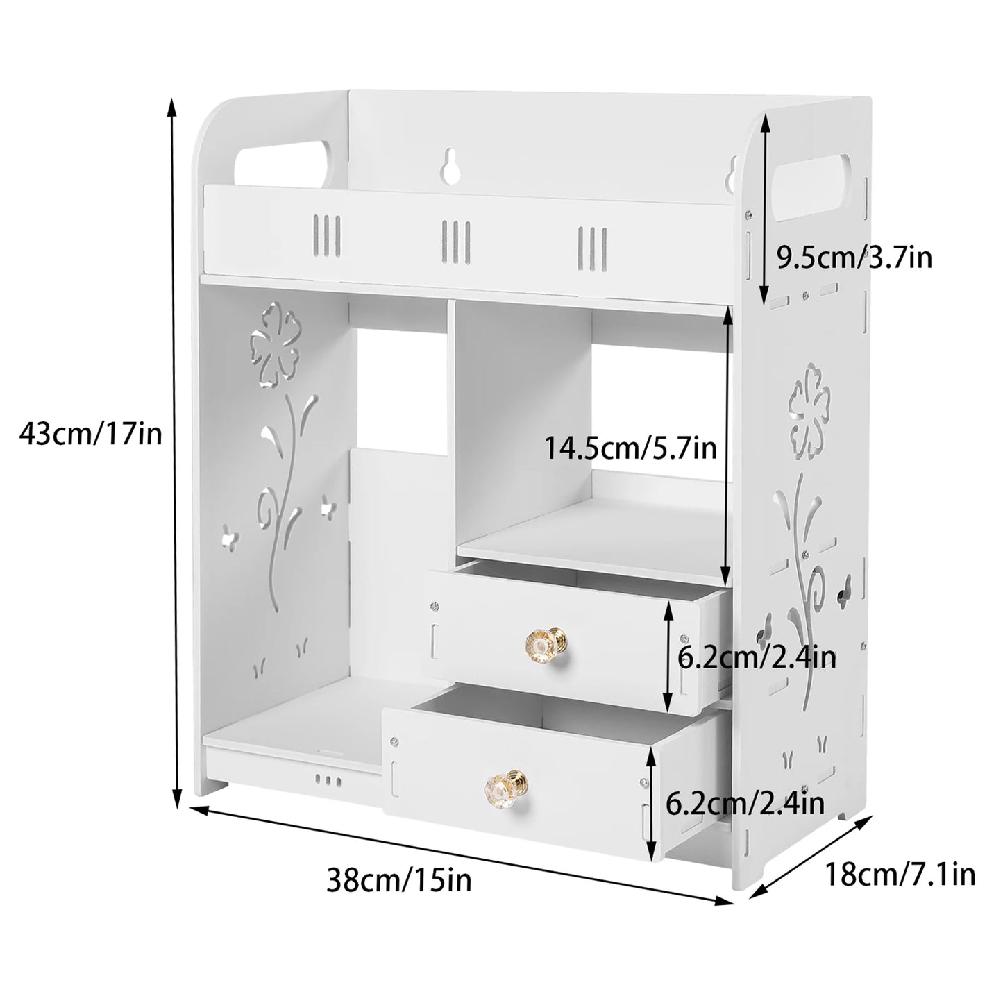 Wall-Mounted Bathroom Cabinet with 2 Drawers, White Bathroom Organizer Shelf for Storage, for Bathroom, Bedroom, 38*18*43cm