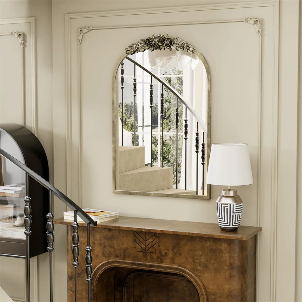 LUVODI Arched Antique Brass Wall Mirror With Resin Rose