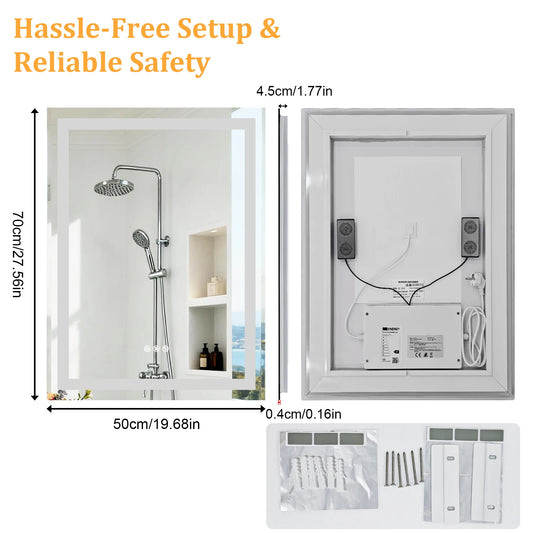LED Bathroom Mirror Tempered Glass Mirror with Bluetooth, 3 Colors Dimmable, Lights Memory, Upgraded Backplane 70/80/100/120cm