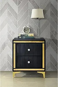 Monique Velvet Black Nightstand with Gold Legs, Trim, and Crystal Knobs - Fully Assembled
