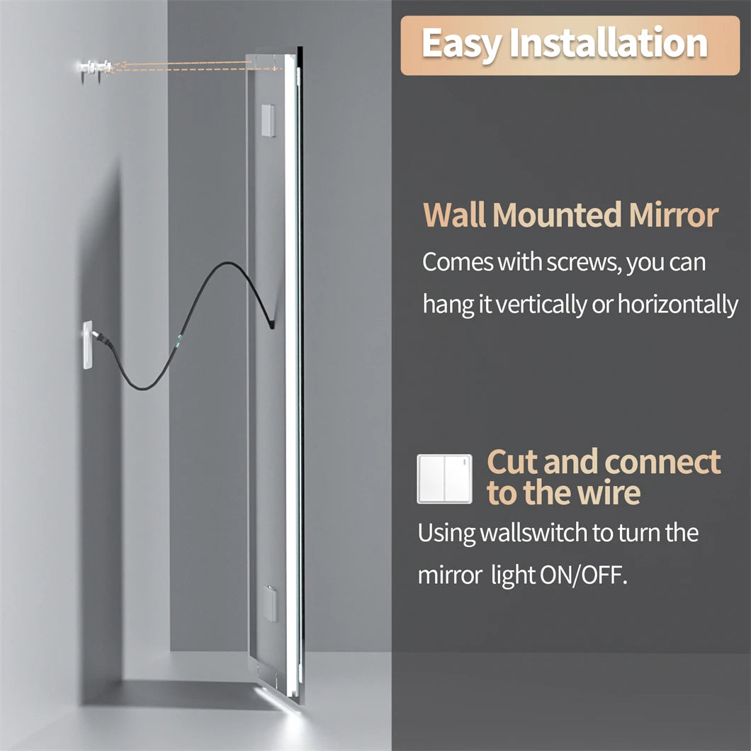 XXL Bathroom Mirror Smart LED Vanity Mirror Wall Mounted with Bluetooth, Digital Display, Back Front Lit,Anti Fog for Hotel Hall