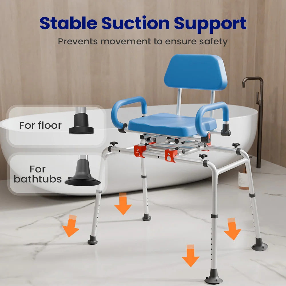 Adjustable Height Sliding Shower Chair with Swivel Seat - Foldable Bathtub Transfer Bench for Elderly, Removable Armrests