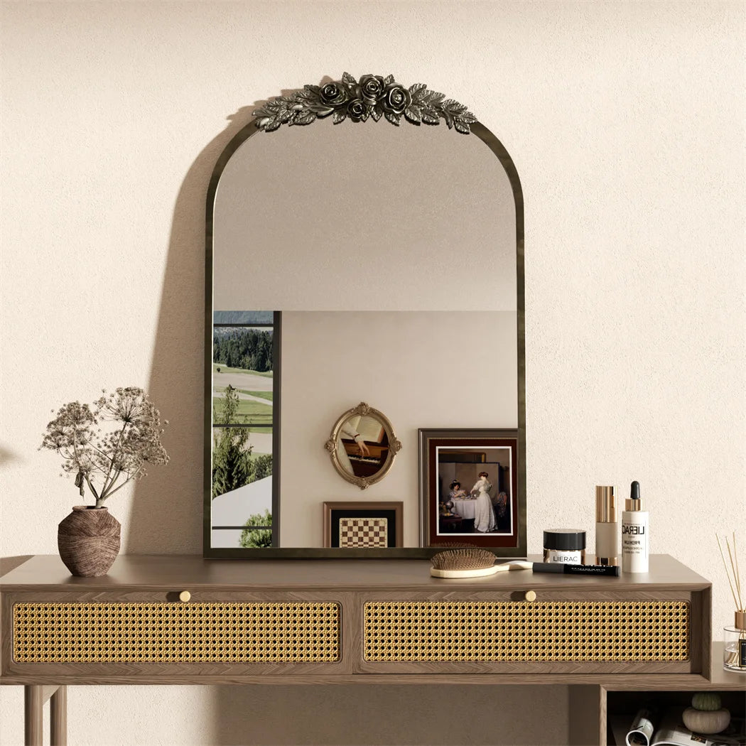 LUVODI Arched Antique Brass Wall Mirror With Resin Rose Pattern