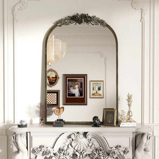 LUVODI Arched Antique Brass Wall Mirror With Resin Rose Pattern