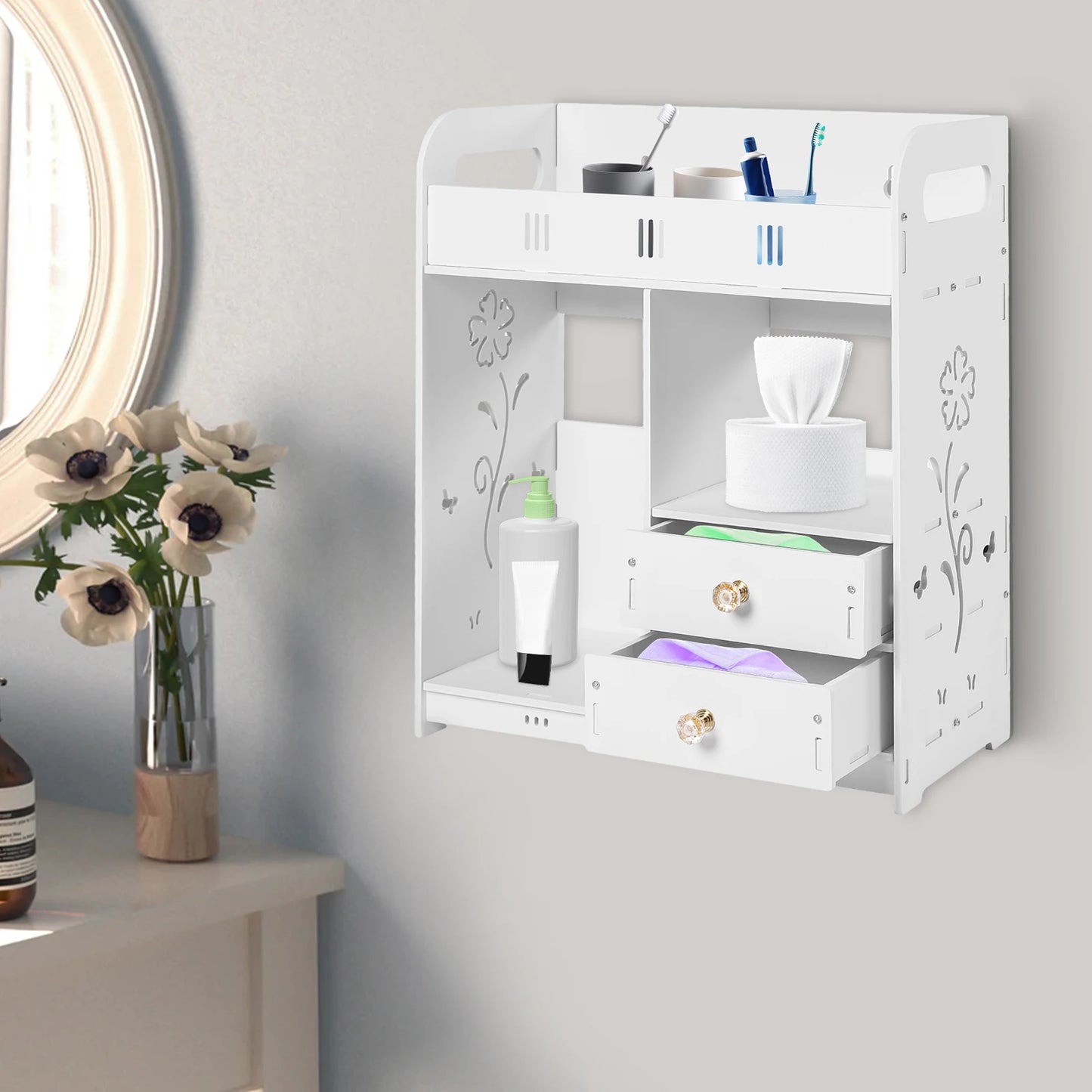 Wall-Mounted Bathroom Cabinet with 2 Drawers, White Bathroom Organizer Shelf for Storage, for Bathroom, Bedroom, 38*18*43cm
