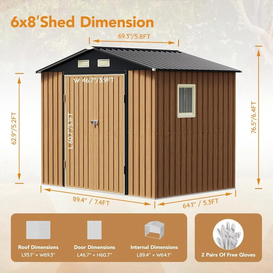 8X6 FT Garden Storage Shed with Lockable Door and 1 Clear Window for Backyard Patio Lawn Durable AntiCorrosion Metal Shed with