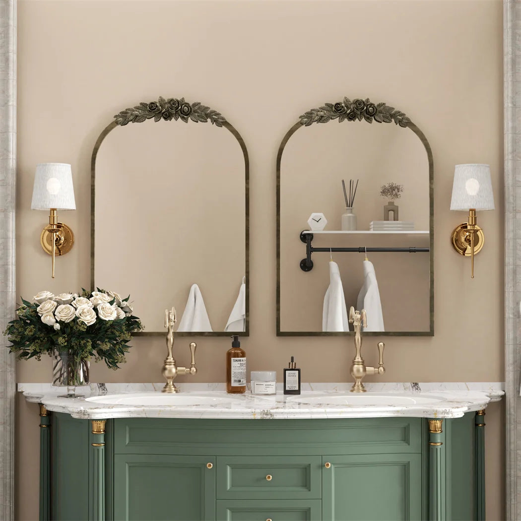 LUVODI Arched Antique Brass Wall Mirror With Resin Rose