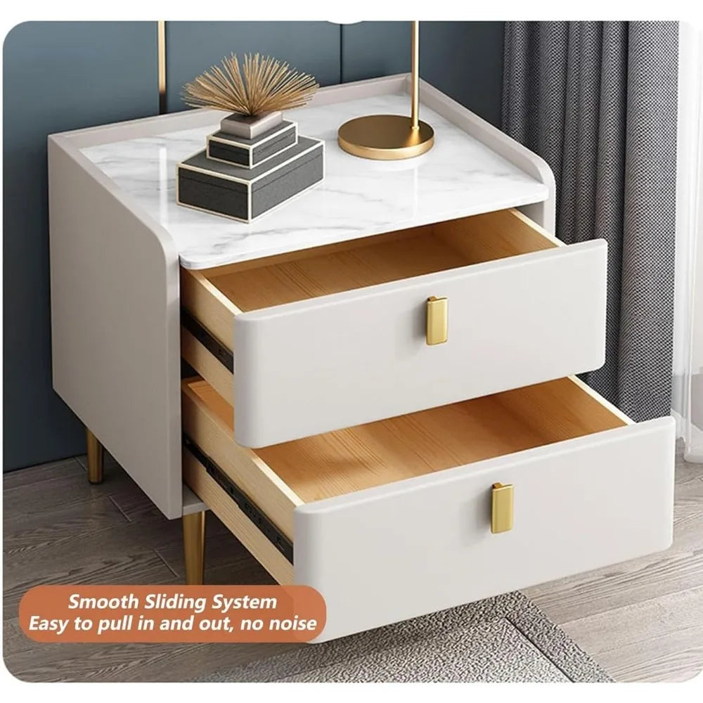 Mid Century Bedside Table With Stone Top And Metal Handles