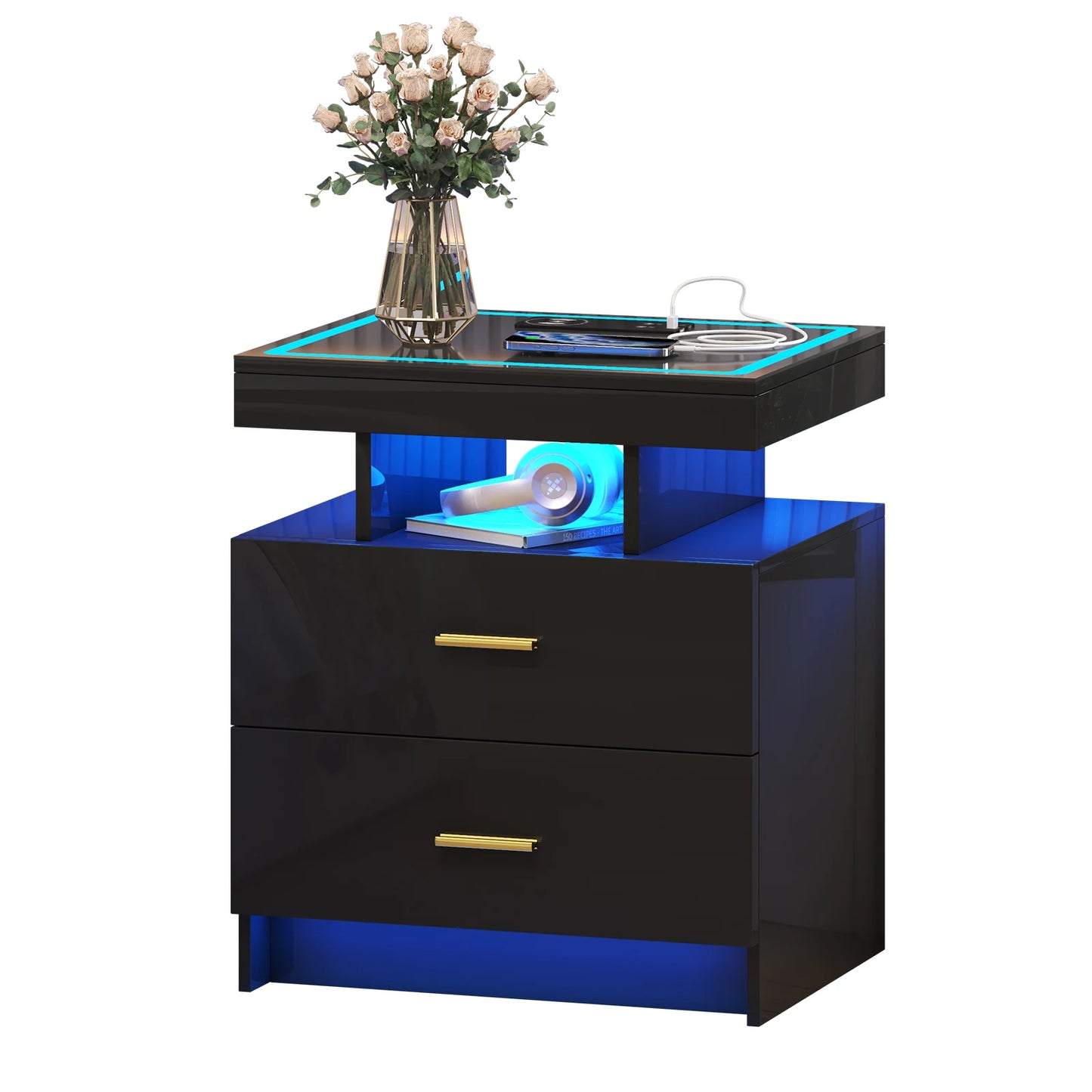 JDPAG LED Nightstand With Wireless Charging And Two Drawers