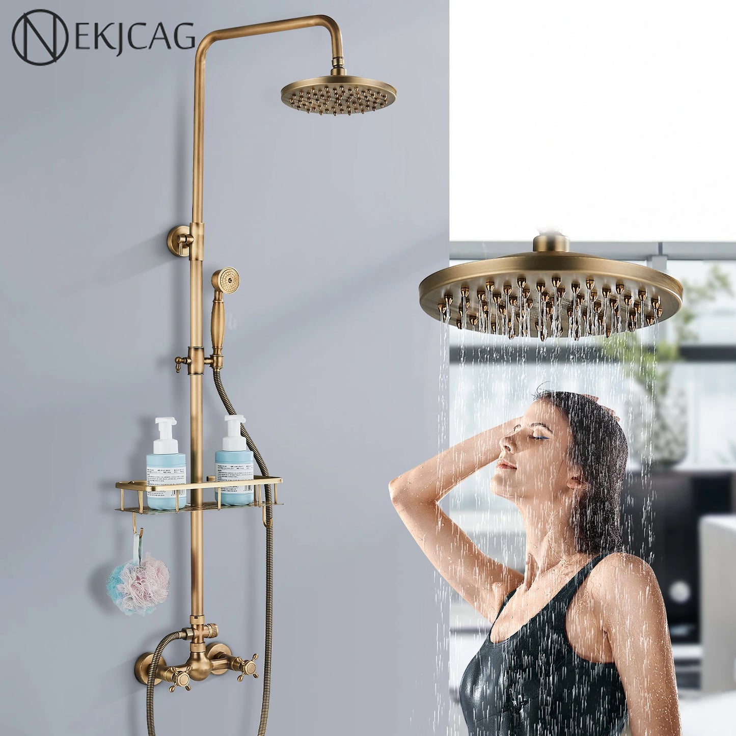 nekjcag Antique Brass Dual-Handle Shower System Faucet