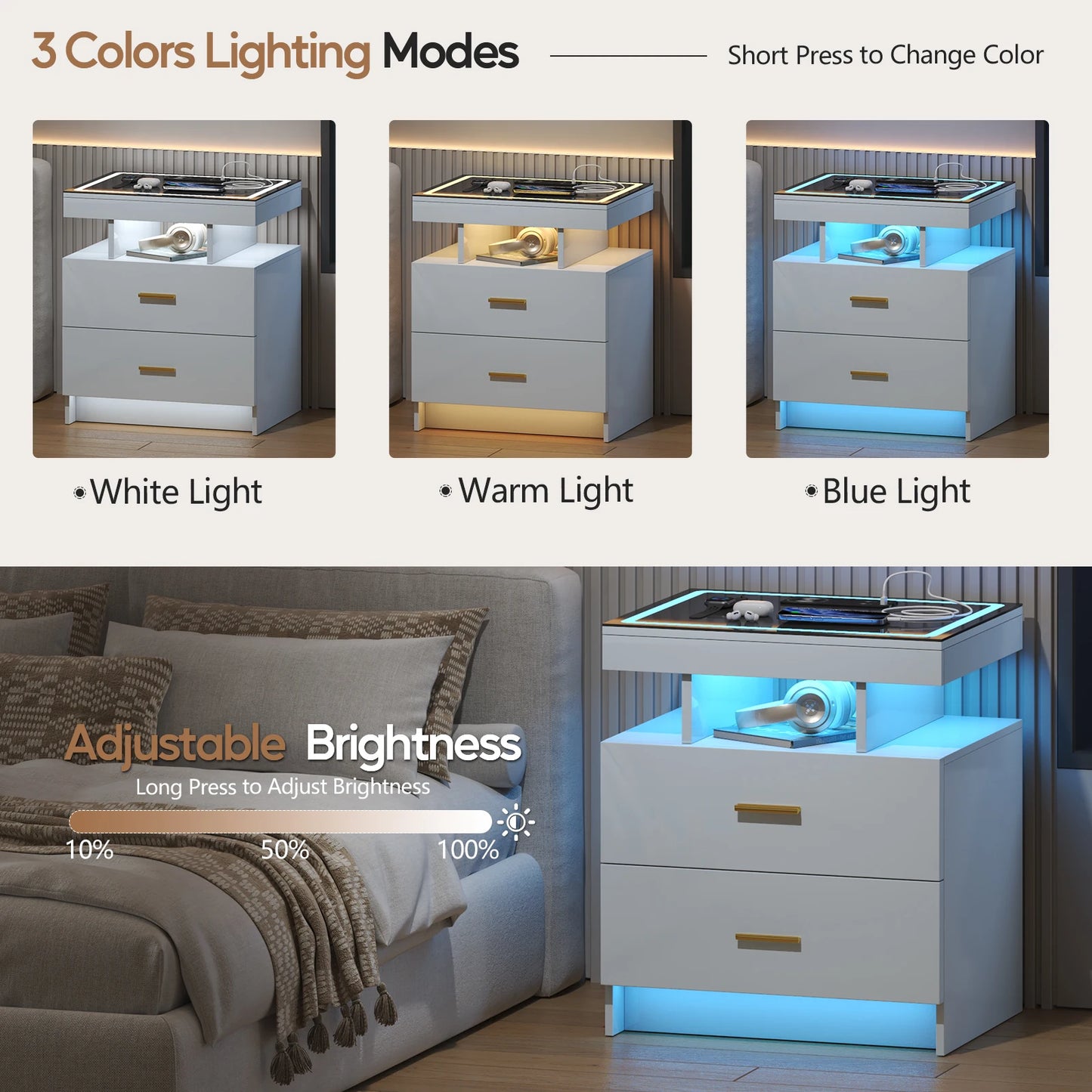 JDPAG LED Nightstand With Wireless Charging And Two Drawers