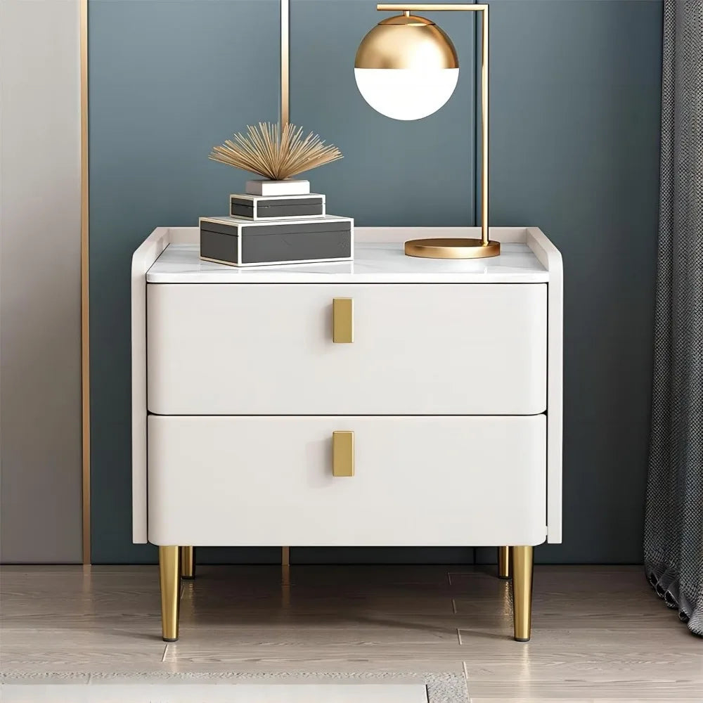 Mid Century Bedside Table With Stone Top And Metal Handles